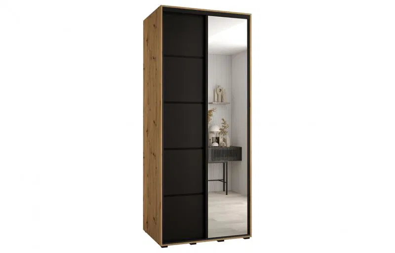 Šatní skříň s posuvnými dveřmi a zrcadlem DAVOS 5, 120cm | DUB Artisan/černá/černé pojezd