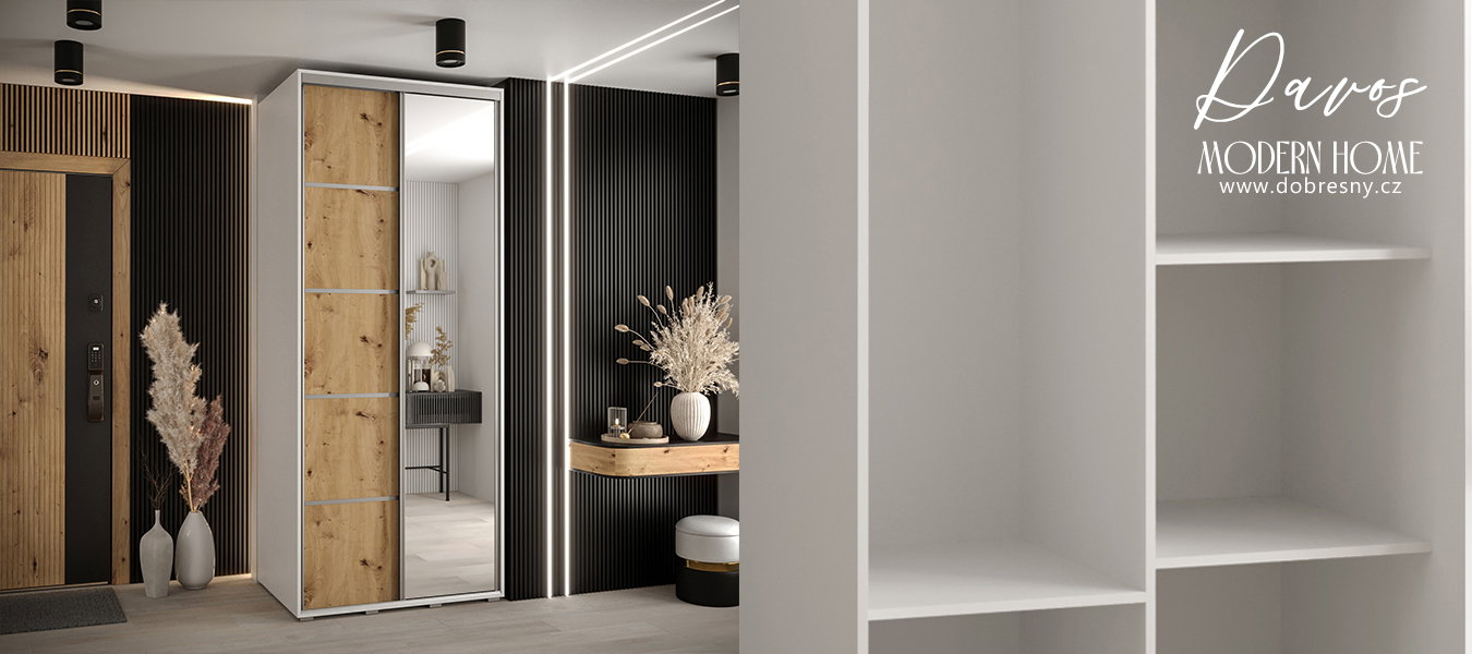 Šatníková skriňa s posuvnými dverami a zrkadlom DAVOS 5, 120cm | Biela / DUB Artisan / strieborné