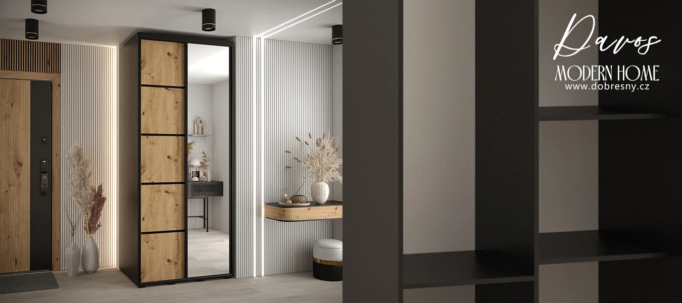 Šatní skříň s posuvnými dveřmi a zrcadlem DAVOS 5, 120cm | Černá / DUB Artisan / černé
