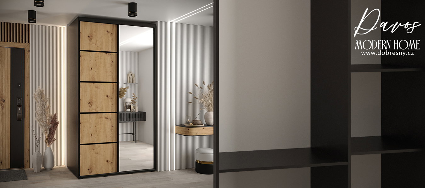Šatníková skriňa s posuvnými dverami a zrkadlom DAVOS 5, 140cm | Čierna / DUB Artisan / čierne
