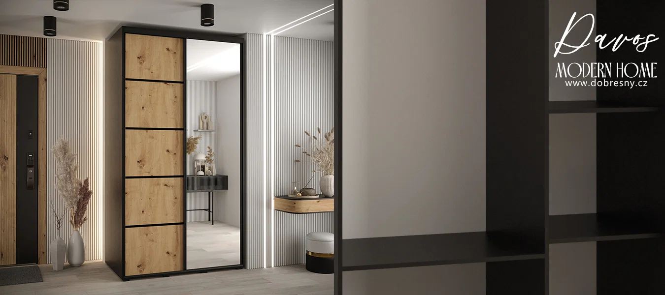 Šatní skříň s posuvnými dveřmi a zrcadlem DAVOS 5, 140cm | Černá / DUB Artisan / černé