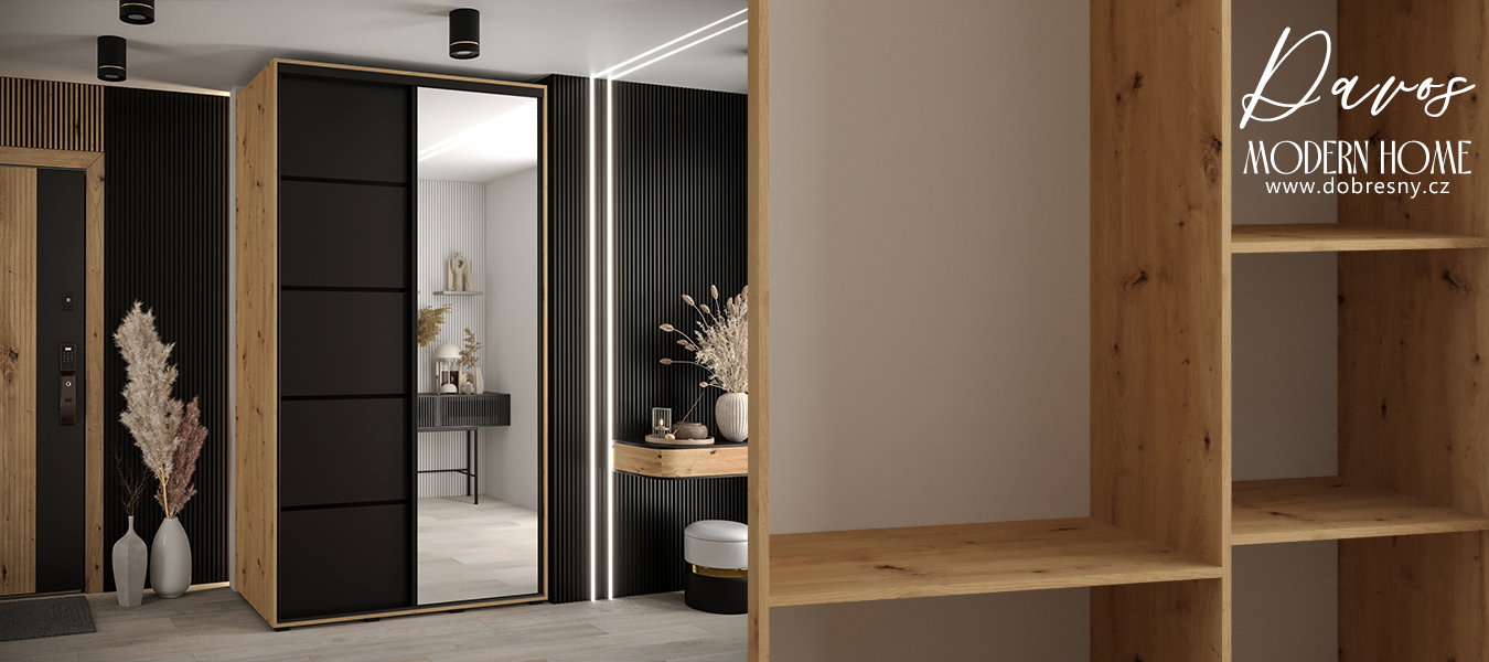 Šatníková skriňa s posuvnými dverami a zrkadlom DAVOS 5, 140cm | DUB Artisan/čierna/čierne pojazd