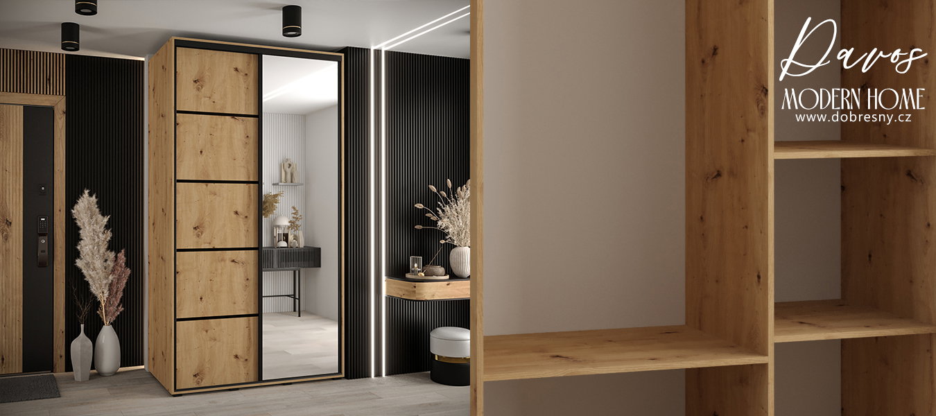 Šatníková skriňa s posuvnými dverami a zrkadlom DAVOS 5, 140cm | DUB Artisan / čierne pojazdy