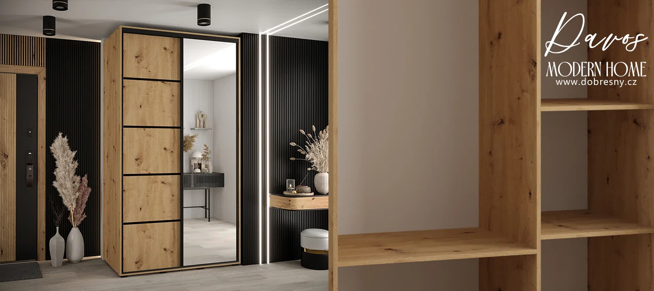Šatní skříň s posuvnými dveřmi a zrcadlem DAVOS 5, 140cm | DUB Artisan / černé pojezdy