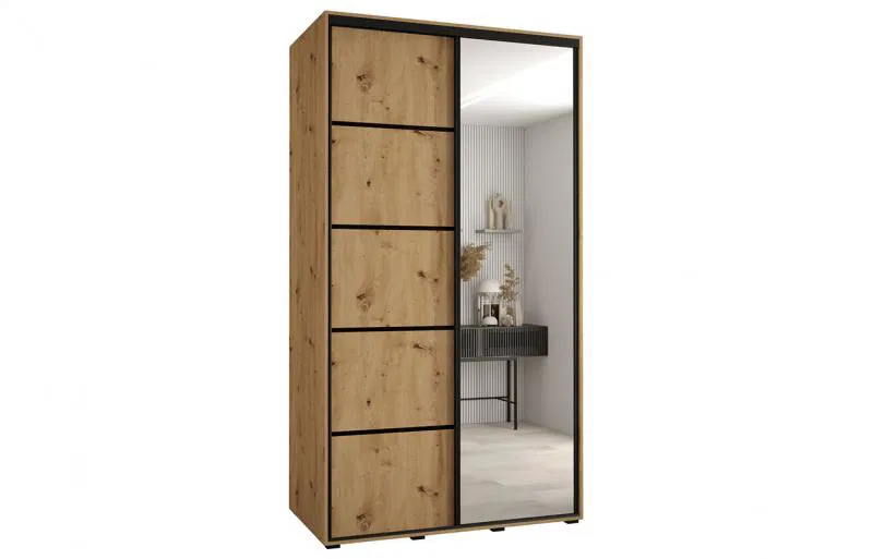 Šatní skříň s posuvnými dveřmi a zrcadlem DAVOS 5, 140cm | DUB Artisan / černé pojezdy