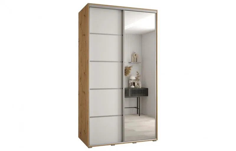 Šatní skříň s posuvnými dveřmi a zrcadlem DAVOS 5, 140cm | DUB Artisan / bílá / stříbrné