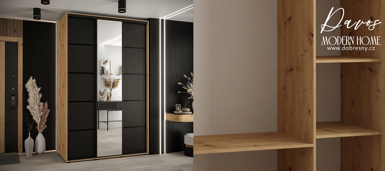 Šatní skříň s posuvnými dveřmi a zrcadlem DAVOS 5, 160cm | DUB Artisan/černá/černé pojezd
