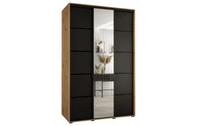 Šatní skříň s posuvnými dveřmi a zrcadlem DAVOS 5, 160cm | DUB Artisan/černá/černé pojezd