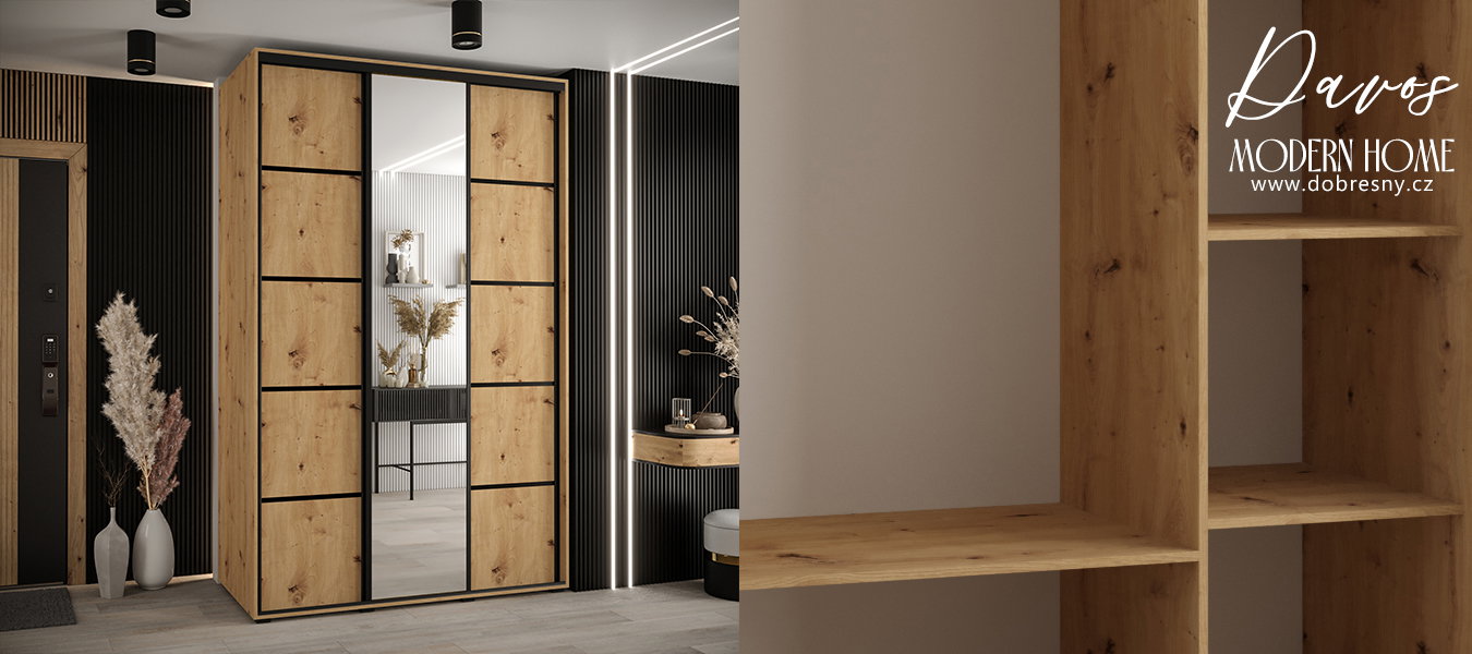 Šatníková skriňa s posuvnými dverami a zrkadlom DAVOS 5, 160cm | DUB Artisan / čierne pojazdy