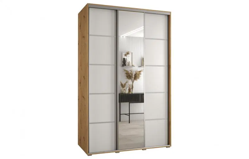 Šatní skříň s posuvnými dveřmi a zrcadlem DAVOS 5, 160cm | DUB Artisan / bílá / stříbrné