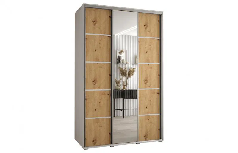 Šatní skříň s posuvnými dveřmi a zrcadlem DAVOS 5, 160cm | Bílá / DUB Artisan / stříbrné