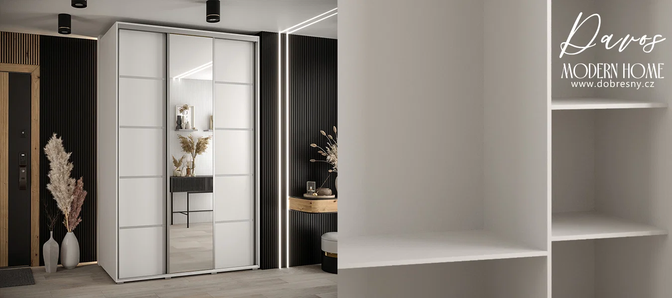 Šatní skříň s posuvnými dveřmi a zrcadlem DAVOS 5, 160cm | Bílá / stříbrné pojezdy