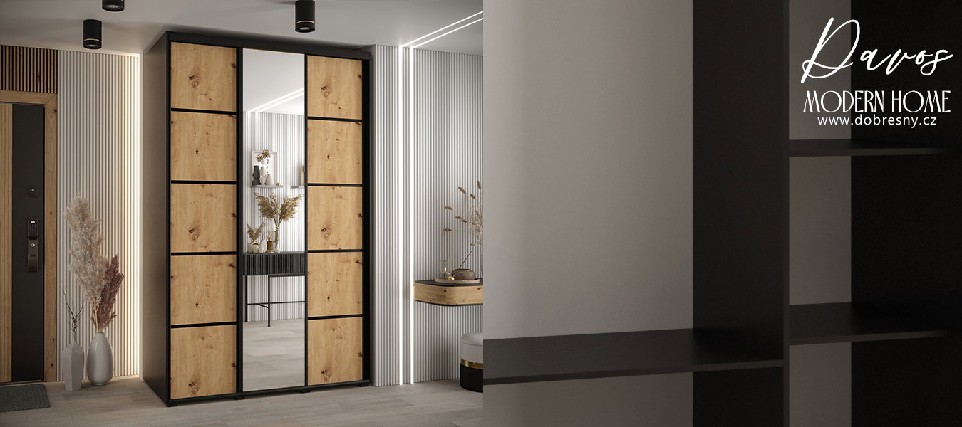 Šatníková skriňa s posuvnými dverami a zrkadlom DAVOS 5, 160cm | Čierna / DUB Artisan / čierne