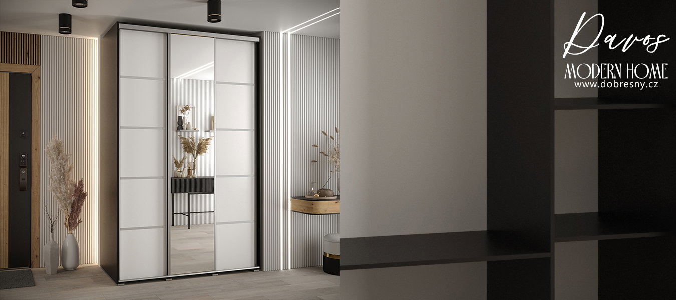 Šatníková skriňa s posuvnými dverami a zrkadlom DAVOS 5, 160cm | Čierna / biela / strieborné pojazdy