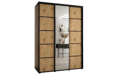 Šatní skříň s posuvnými dveřmi a zrcadlem DAVOS 5, 170cm | Černá / DUB Artisan / černé
