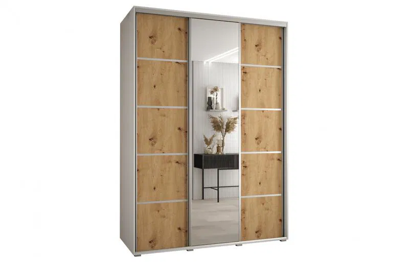 Šatní skříň s posuvnými dveřmi a zrcadlem DAVOS 5, 170cm | Bílá / DUB Artisan / stříbrné