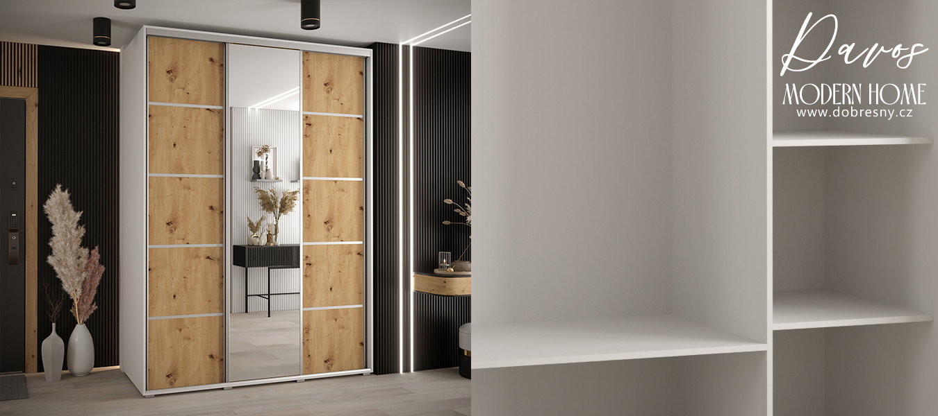 Šatníková skriňa s posuvnými dverami a zrkadlom DAVOS 5, 180cm | Biela / DUB Artisan / strieborné