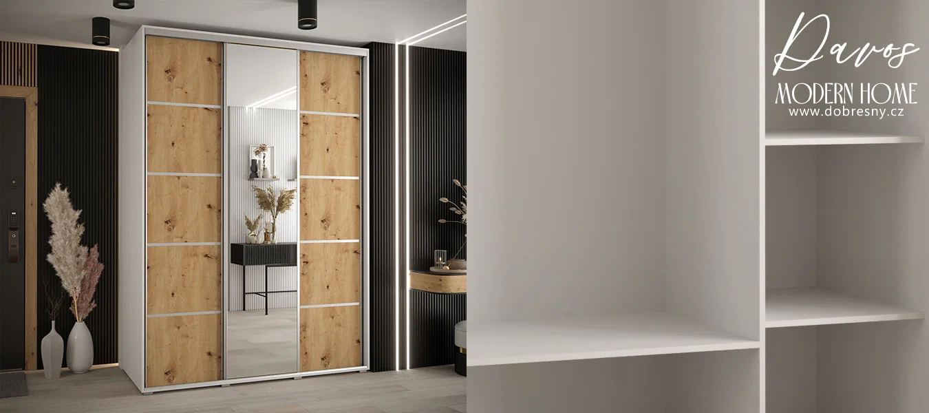 Šatní skříň s posuvnými dveřmi a zrcadlem DAVOS 5, 180cm | Bílá / DUB Artisan / stříbrné