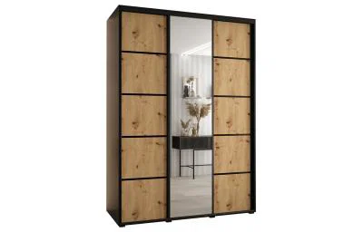 Šatní skříň s posuvnými dveřmi a zrcadlem DAVOS 5, 180cm | Černá / DUB Artisan / černé