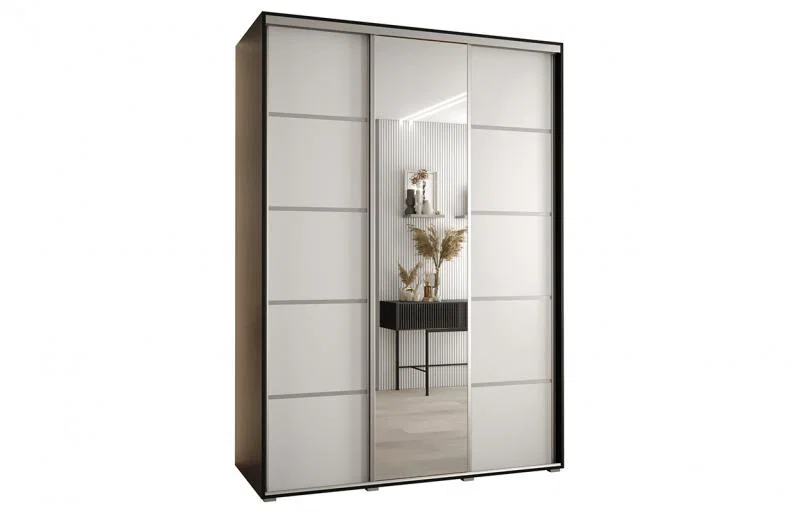 Šatní skříň s posuvnými dveřmi a zrcadlem DAVOS 5, 180cm | Černá / bílá / stříbrné pojezdy