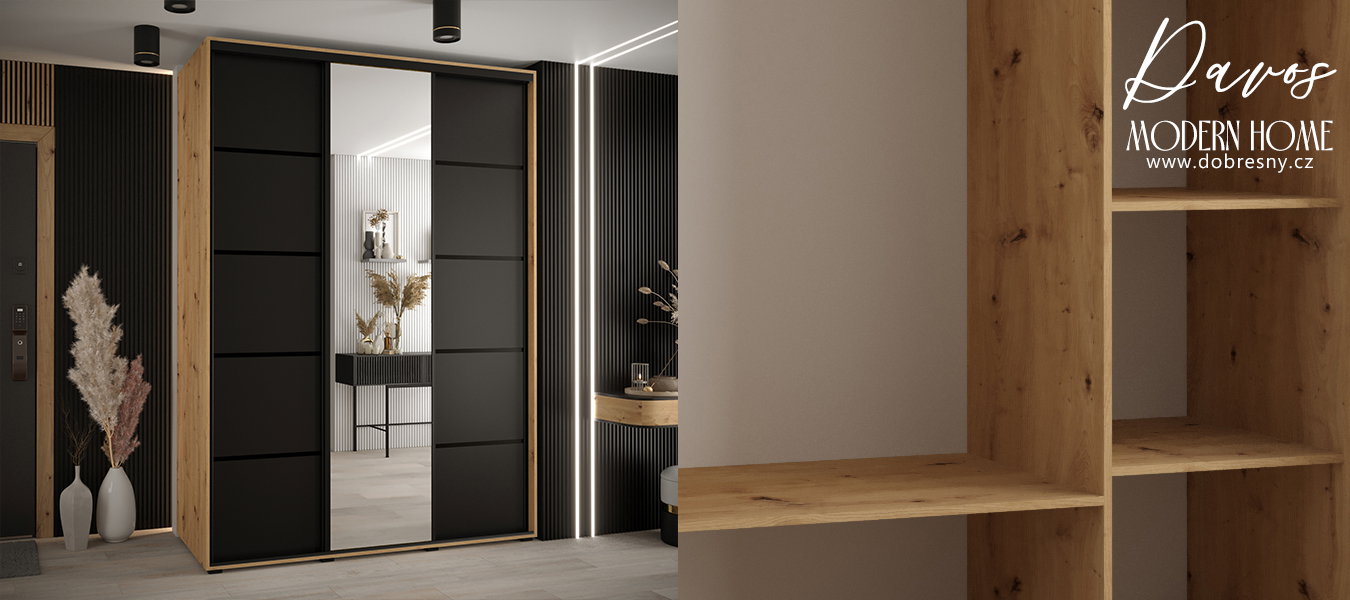 Šatníková skriňa s posuvnými dverami a zrkadlom DAVOS 5, 180cm | DUB Artisan / čierna / čierne