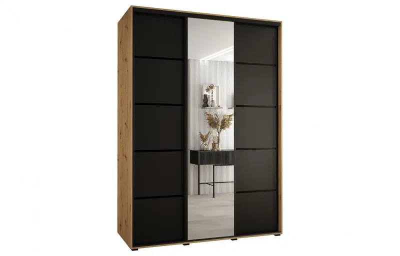 Šatní skříň s posuvnými dveřmi a zrcadlem DAVOS 5, 180cm | DUB Artisan / černá / černé
