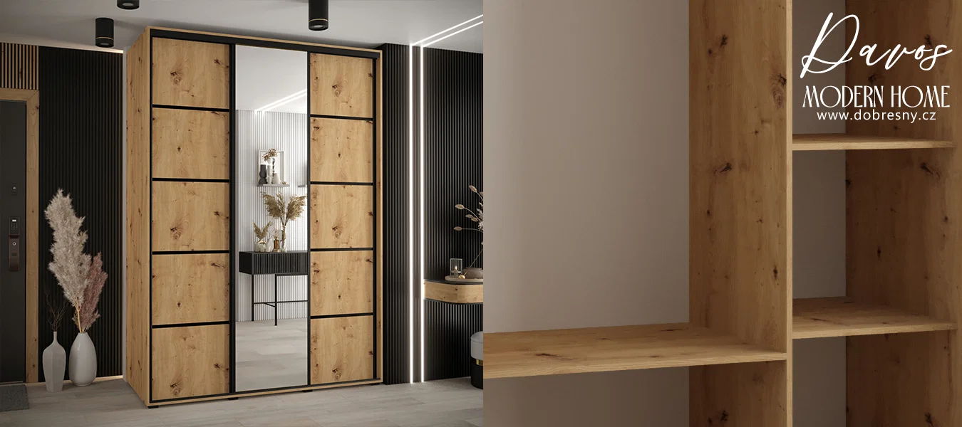 Šatní skříň s posuvnými dveřmi a zrcadlem DAVOS 5, 180cm | DUB Artisan / černé pojezdy