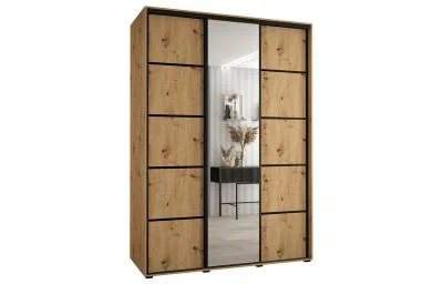 Šatní skříň s posuvnými dveřmi a zrcadlem DAVOS 5, 180cm | DUB Artisan / černé pojezdy