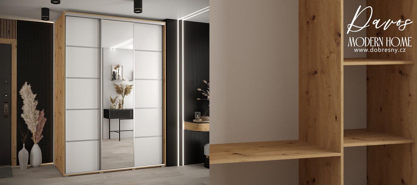 Šatníková skriňa s posuvnými dverami a zrkadlom DAVOS 5, 180cm | DUB Artisan / biela / strieborné