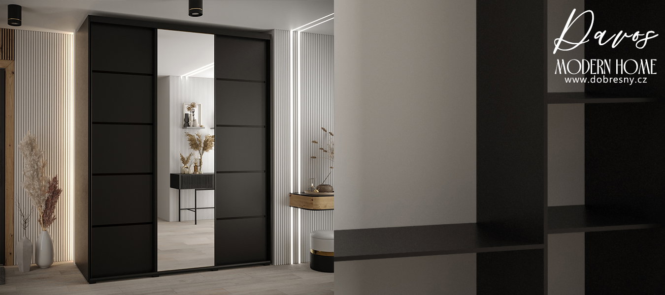 Šatníková skriňa s posuvnými dverami a zrkadlom DAVOS 5, 190cm | Čierna / čierna