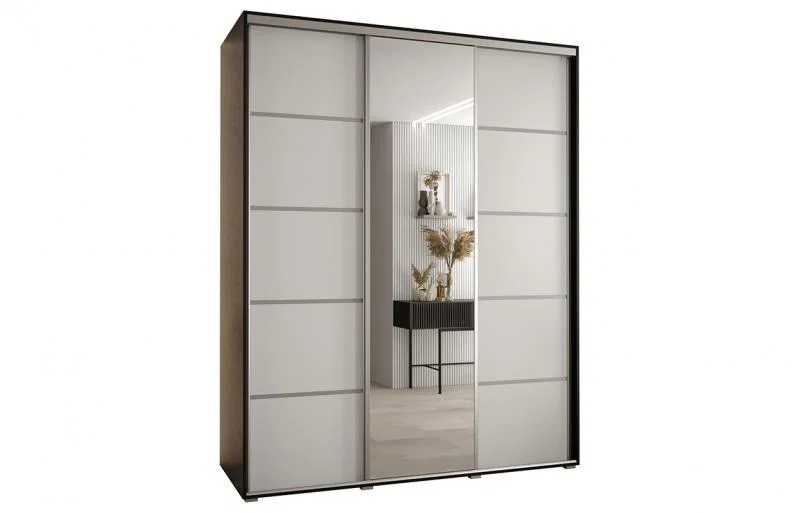Šatní skříň s posuvnými dveřmi a zrcadlem DAVOS 5, 190cm | Černá / bílá / stříbrné pojezdy