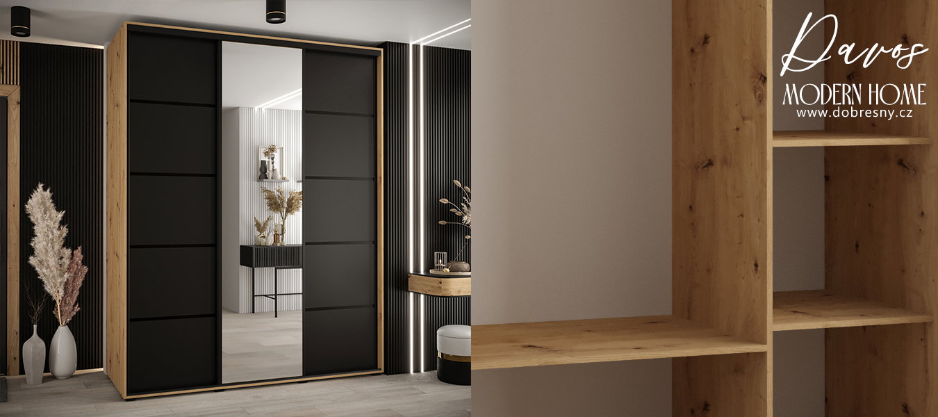 Šatníková skriňa s posuvnými dverami a zrkadlom DAVOS 5, 190cm | DUB Artisan / čierna / čierne