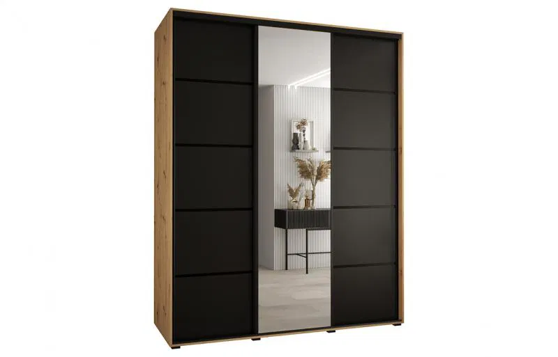 Šatní skříň s posuvnými dveřmi a zrcadlem DAVOS 5, 190cm | DUB Artisan / černá / černé
