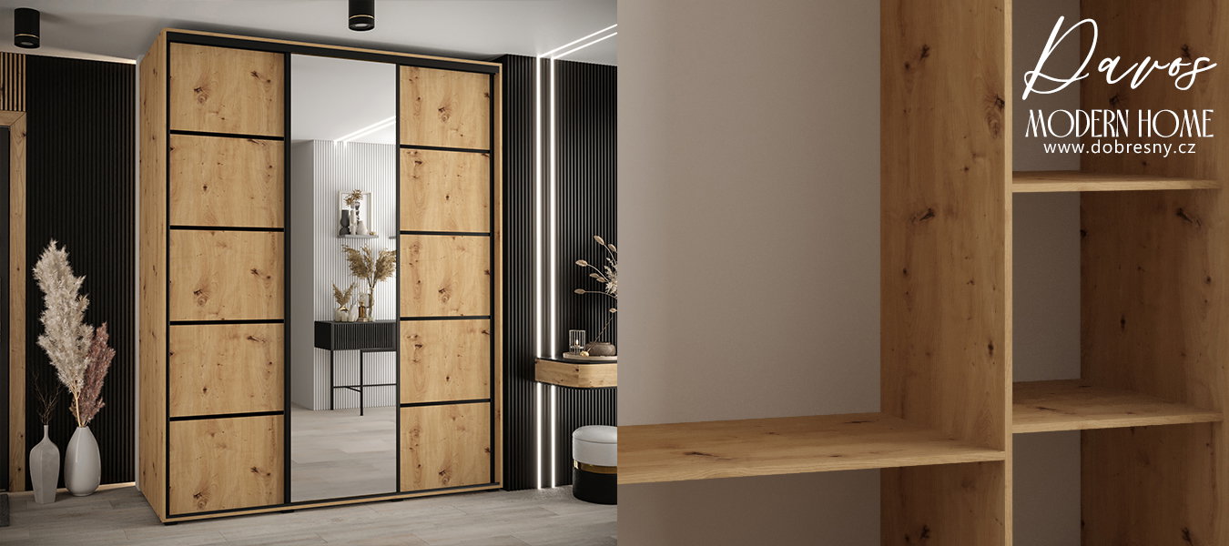 Šatníková skriňa s posuvnými dverami a zrkadlom DAVOS 5, 190cm | DUB Artisan / čierne pojazdy