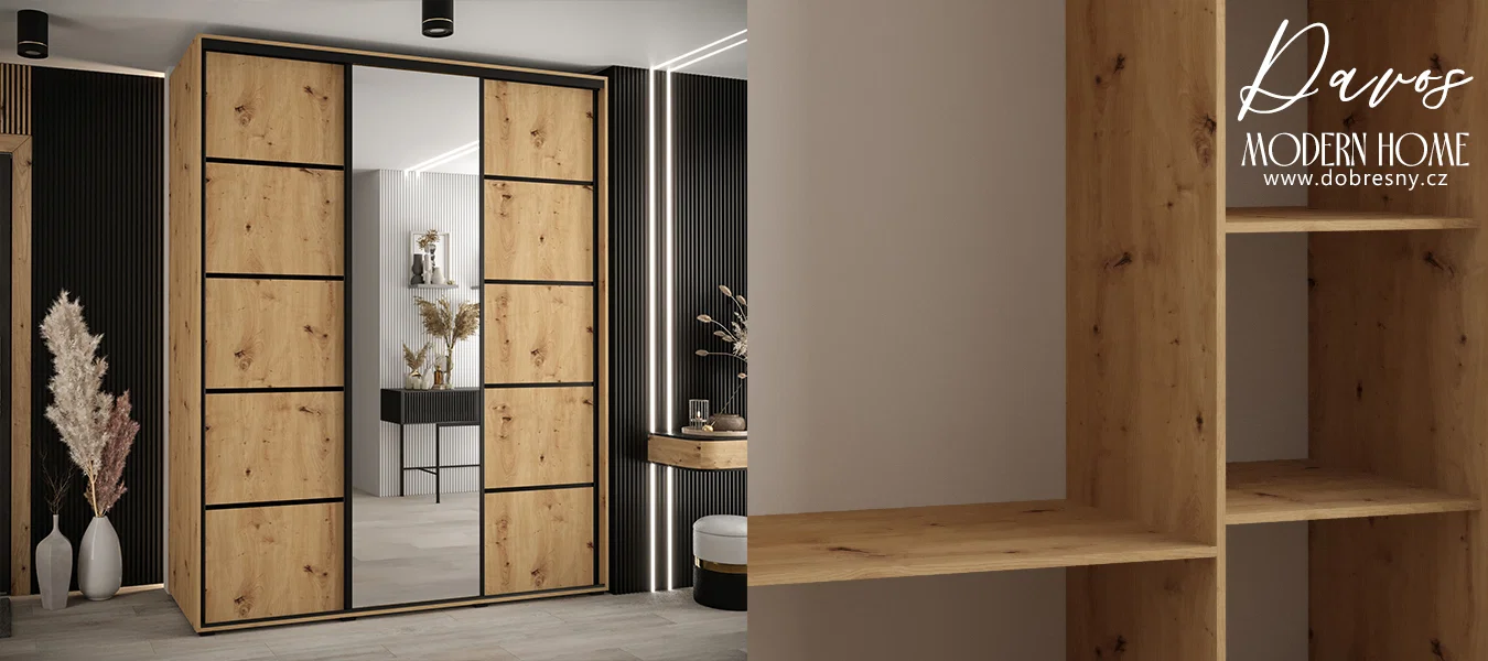 Šatní skříň s posuvnými dveřmi a zrcadlem DAVOS 5, 190cm | DUB Artisan / černé pojezdy