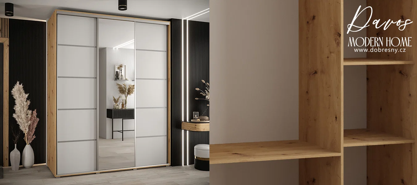 Šatní skříň s posuvnými dveřmi a zrcadlem DAVOS 5, 190cm | DUB Artisan / bílá / stříbrné