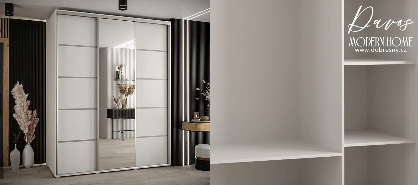 Šatní skříň s posuvnými dveřmi a zrcadlem DAVOS 5, 190cm | Bílá / stříbrné pojezdy