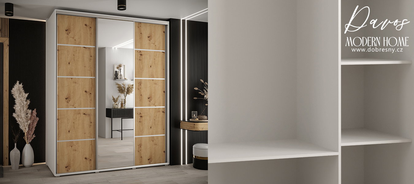 Šatníková skriňa s posuvnými dverami a zrkadlom DAVOS 5, 190cm | Biela / DUB Artisan / strieborné