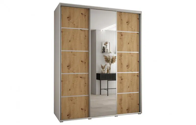 Šatní skříň s posuvnými dveřmi a zrcadlem DAVOS 5, 190cm | Bílá / DUB Artisan / stříbrné