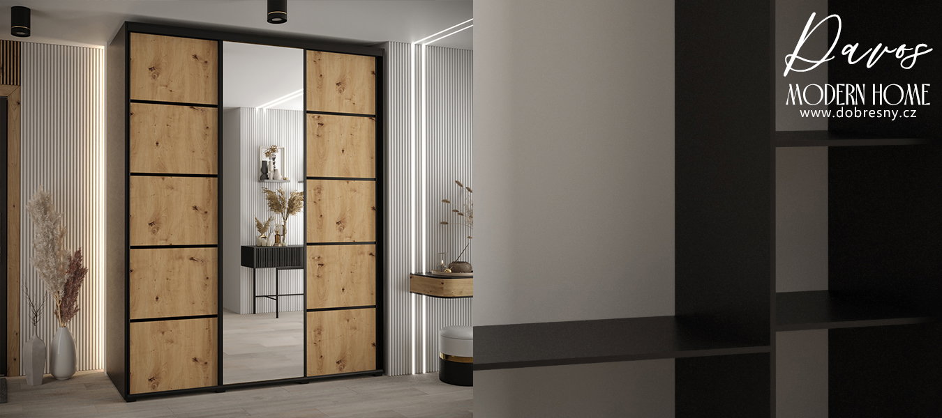 Šatníková skriňa s posuvnými dverami a zrkadlom DAVOS 5, 200cm | Čierna / DUB Artisan / čierne