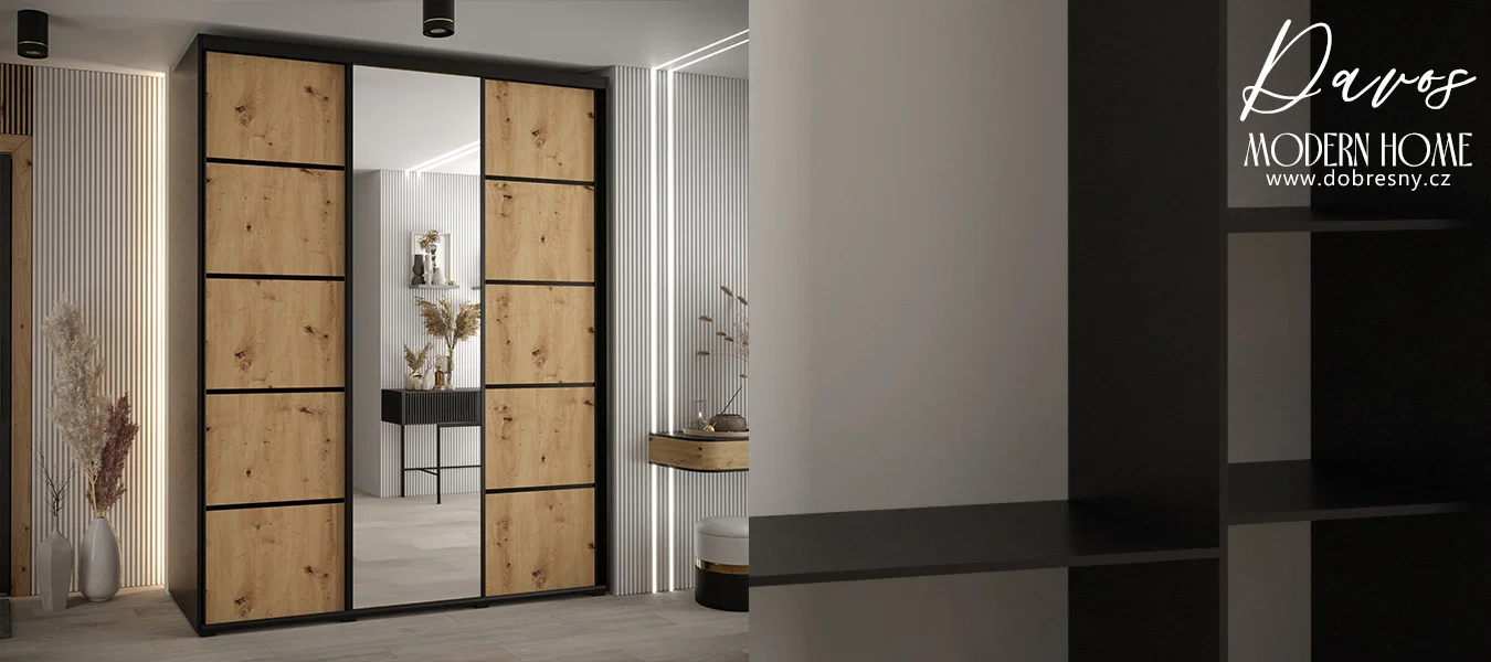 Šatní skříň s posuvnými dveřmi a zrcadlem DAVOS 5, 200cm | Černá / DUB Artisan / černé