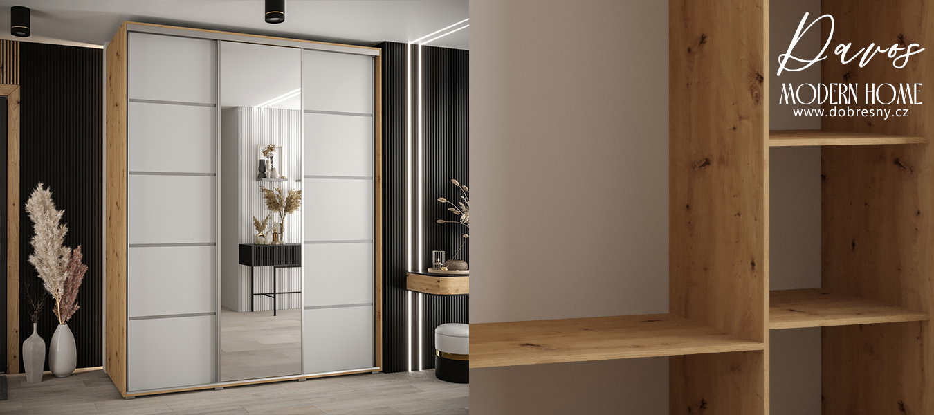 Šatníková skriňa s posuvnými dverami a zrkadlom DAVOS 5, 200cm | DUB Artisan / biela / strieborné