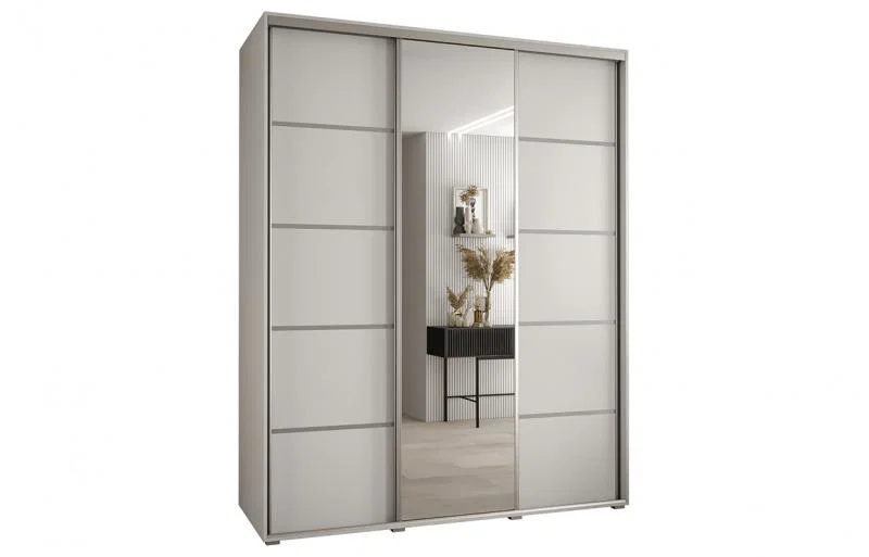 Šatní skříň s posuvnými dveřmi a zrcadlem DAVOS 5, 200cm | Bílá / stříbrné pojezdy