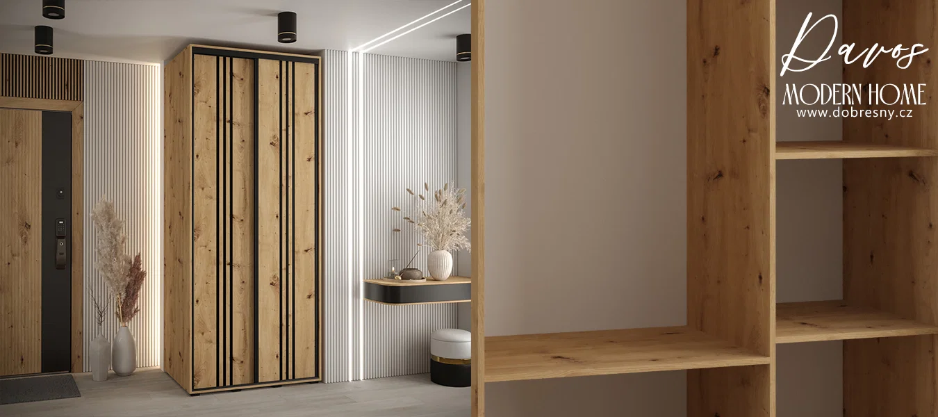 Šatní skříň s posuvnými dveřmi DAVOS 6, 120cm | DUB Artisan / černé pojezdy