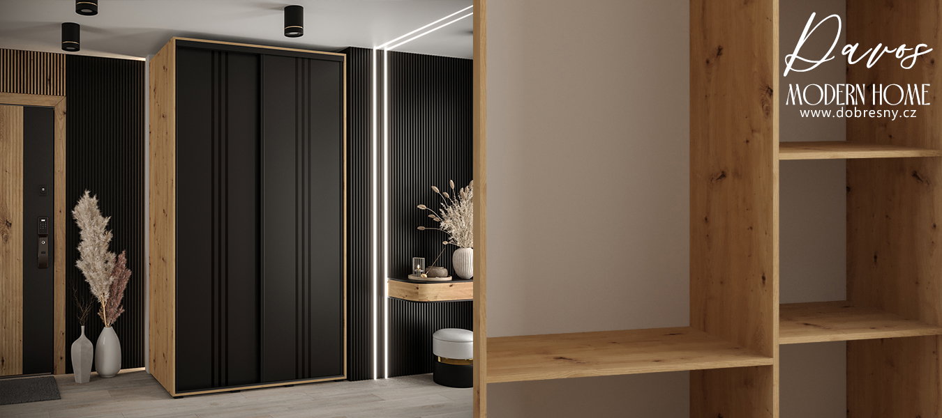 Šatníková skriňa s posuvnými dverami DAVOS 6, 140cm | DUB Artisan / čierna / čierne pojazdy