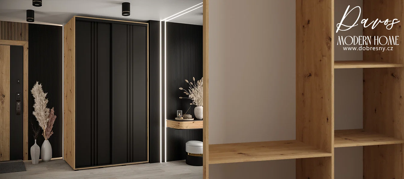 Šatní skříň s posuvnými dveřmi DAVOS 6, 140cm | DUB Artisan / černá / černé pojezdy