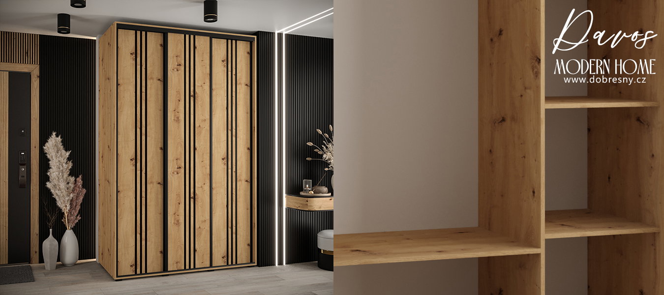 Šatníková skriňa s posuvnými dverami DAVOS 6, 160cm | DUB Artisan / čierne pojazdy