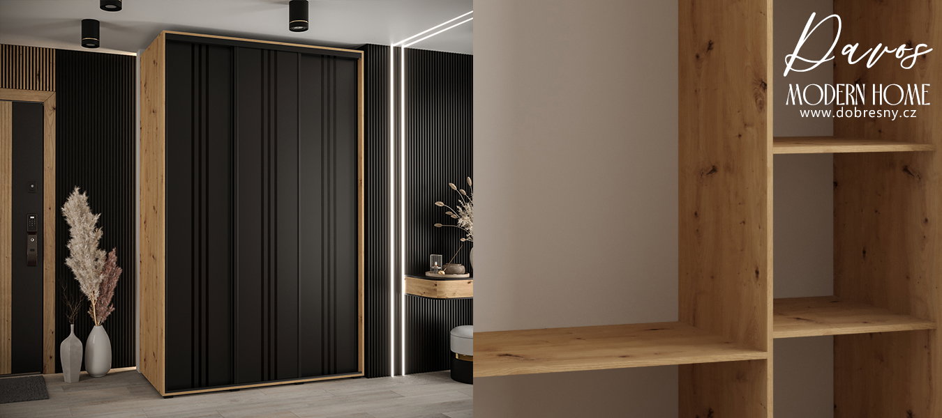 Šatníková skriňa s posuvnými dverami DAVOS 6, 160cm | DUB Artisan / čierna / čierne pojazdy