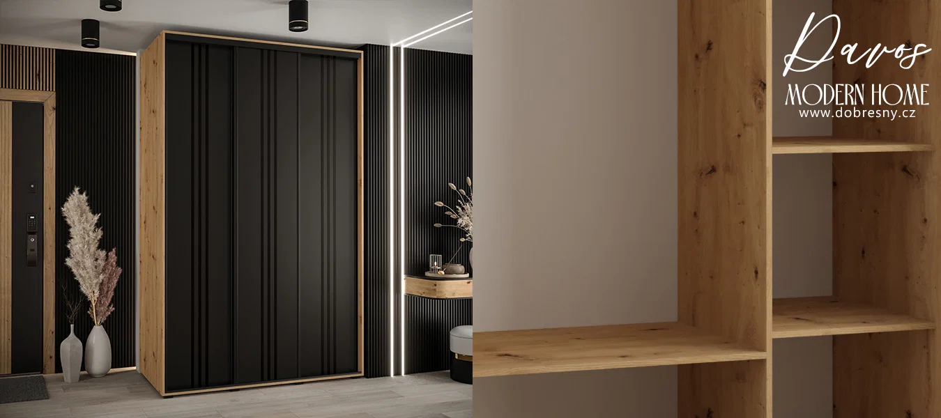 Šatní skříň s posuvnými dveřmi DAVOS 6, 160cm | DUB Artisan / černá / černé pojezdy