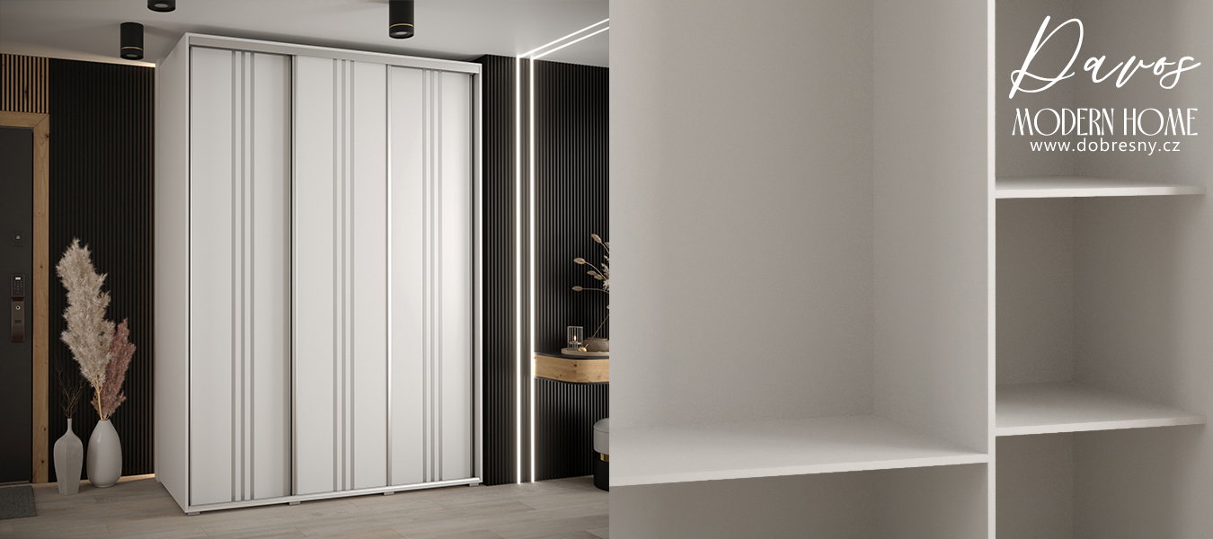 Šatníková skriňa s posuvnými dverami DAVOS 6, 180cm | Biela / strieborné pojazdy